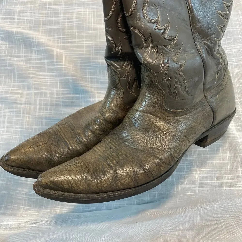 Vintage Nocona 2 Tone Gray Leather Western Cowboy Boots Mens 9 USA Embroibery
